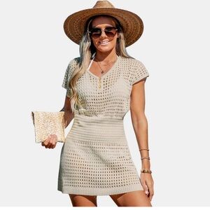 Women's Crochet Knit Cutout V-Neck CoverUp Mini Dress NWOT